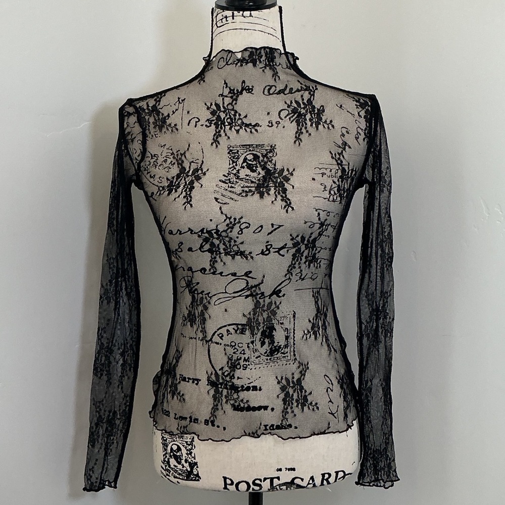 Unbranded Sheer Black Floral Lace Mock Neck Long Sleeve Mesh Top Small Slim Fit